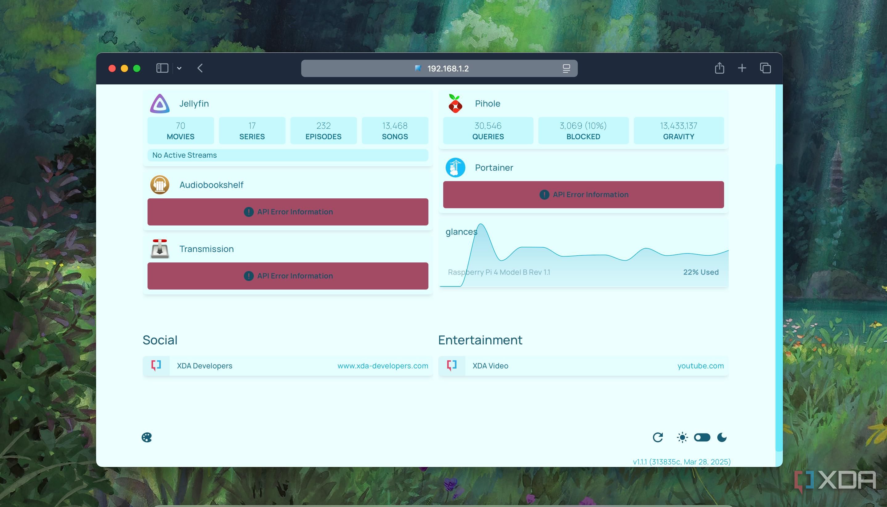 A screenshot of day-time view mode of the Homepage Dashboard