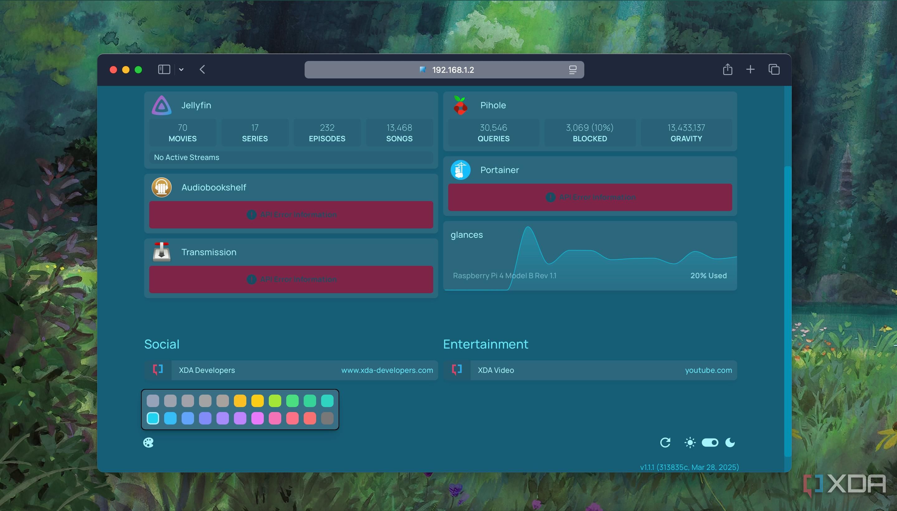 A screenshot of Color Palette picker to adjust background in Homepage dashboard
