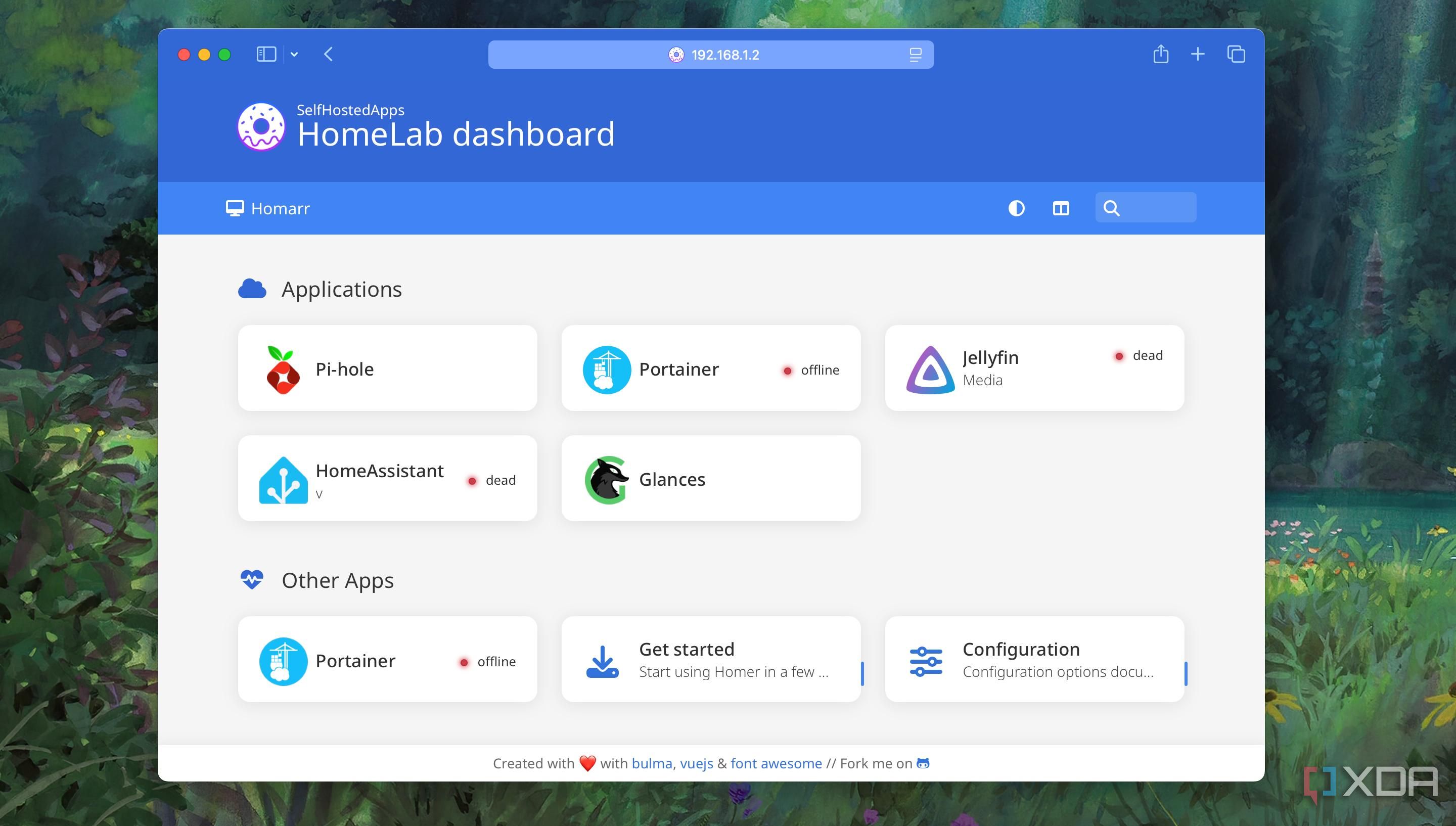 Status indications for apps on Homer Dashboard