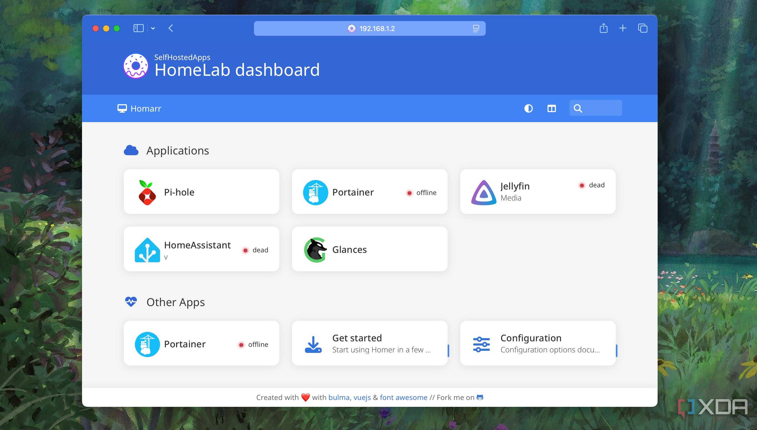 Status indications for apps on Homer Dashboard