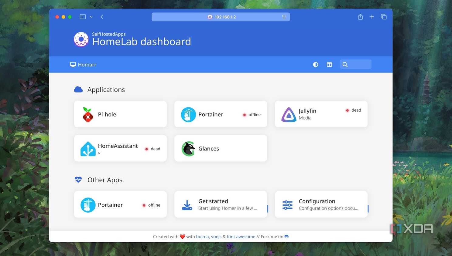 Status indications for apps on Homer Dashboard