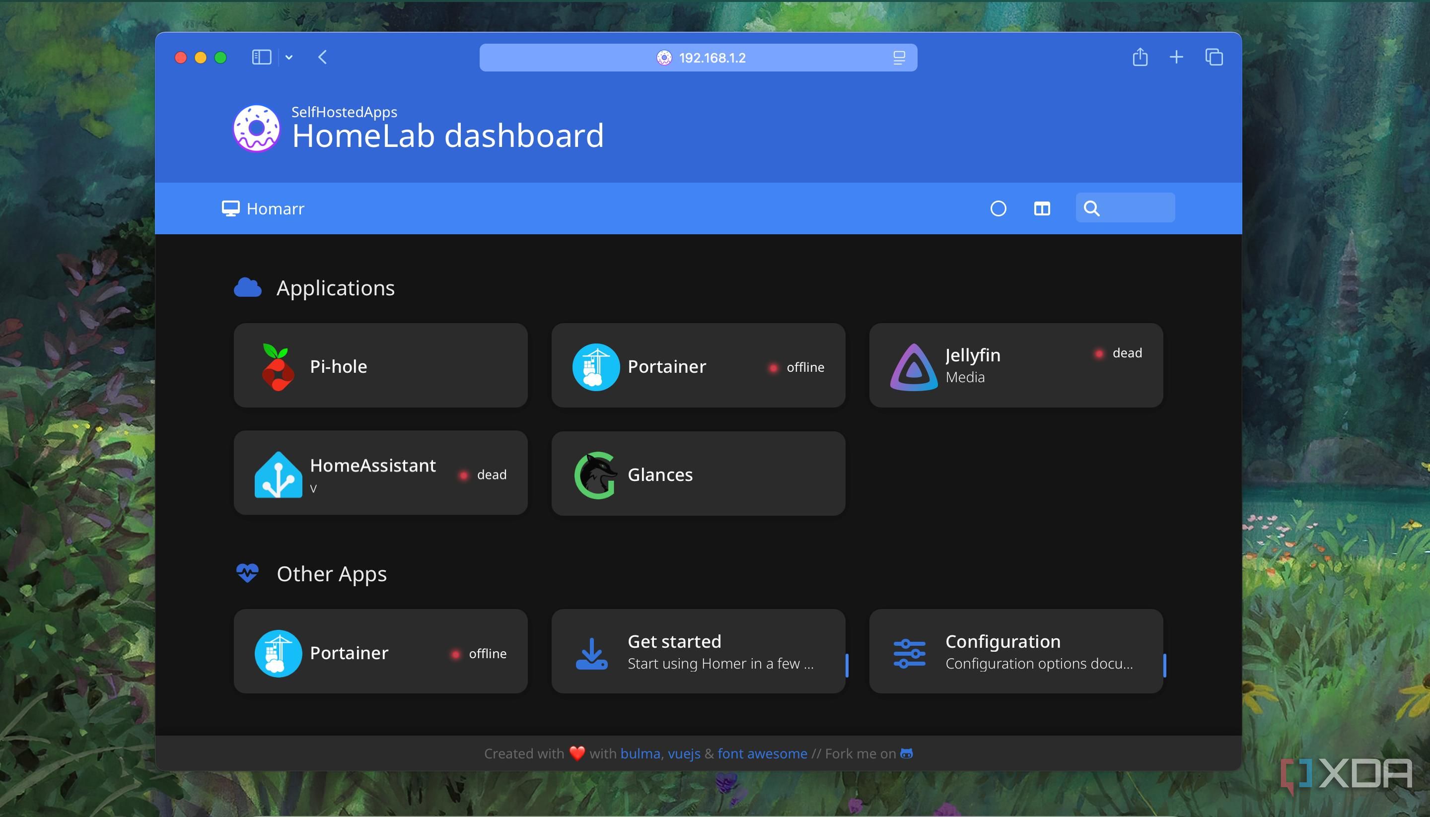 Apps in a column view on Homer Dashboard
