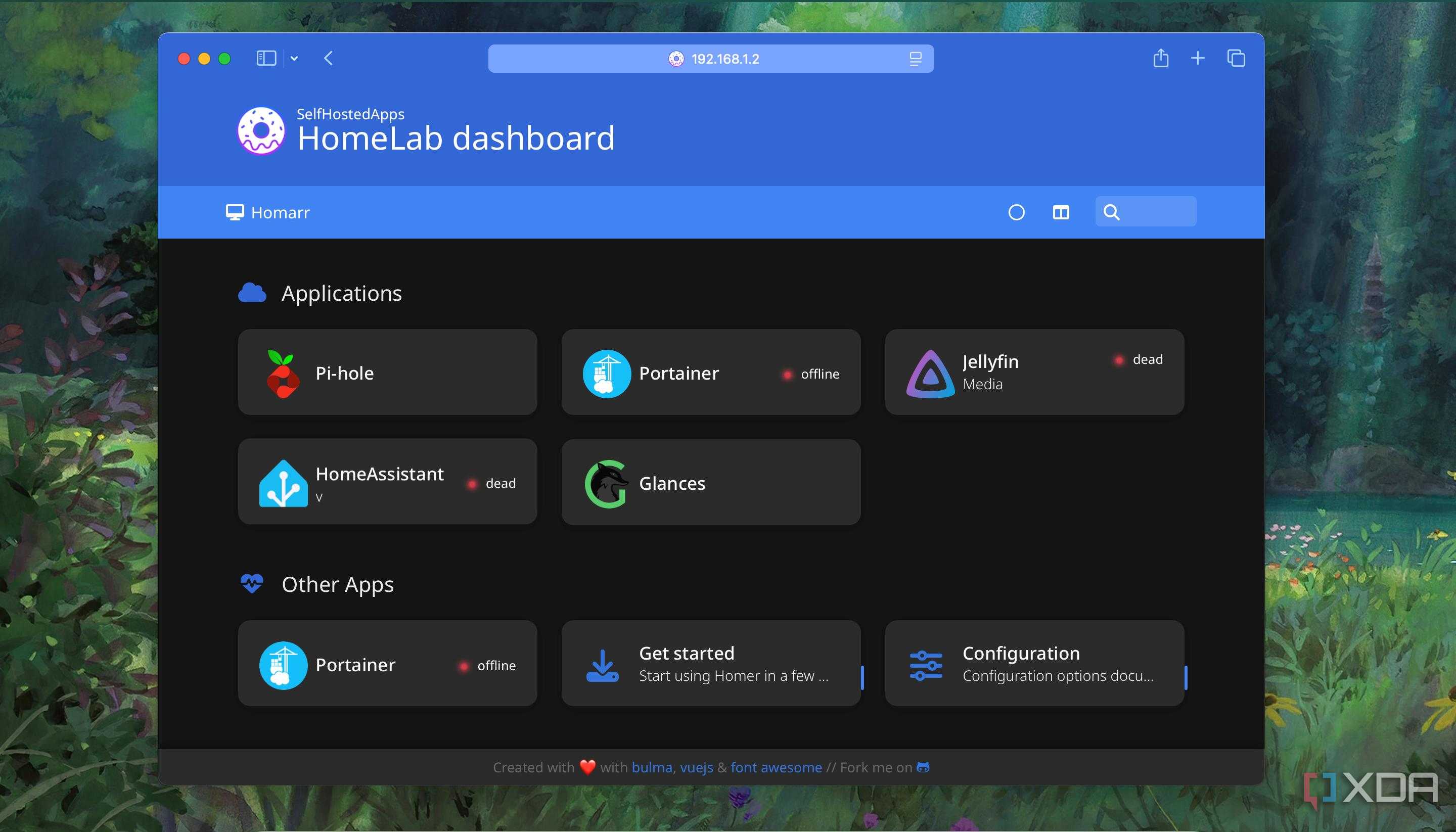 Apps in a column view on Homer Dashboard