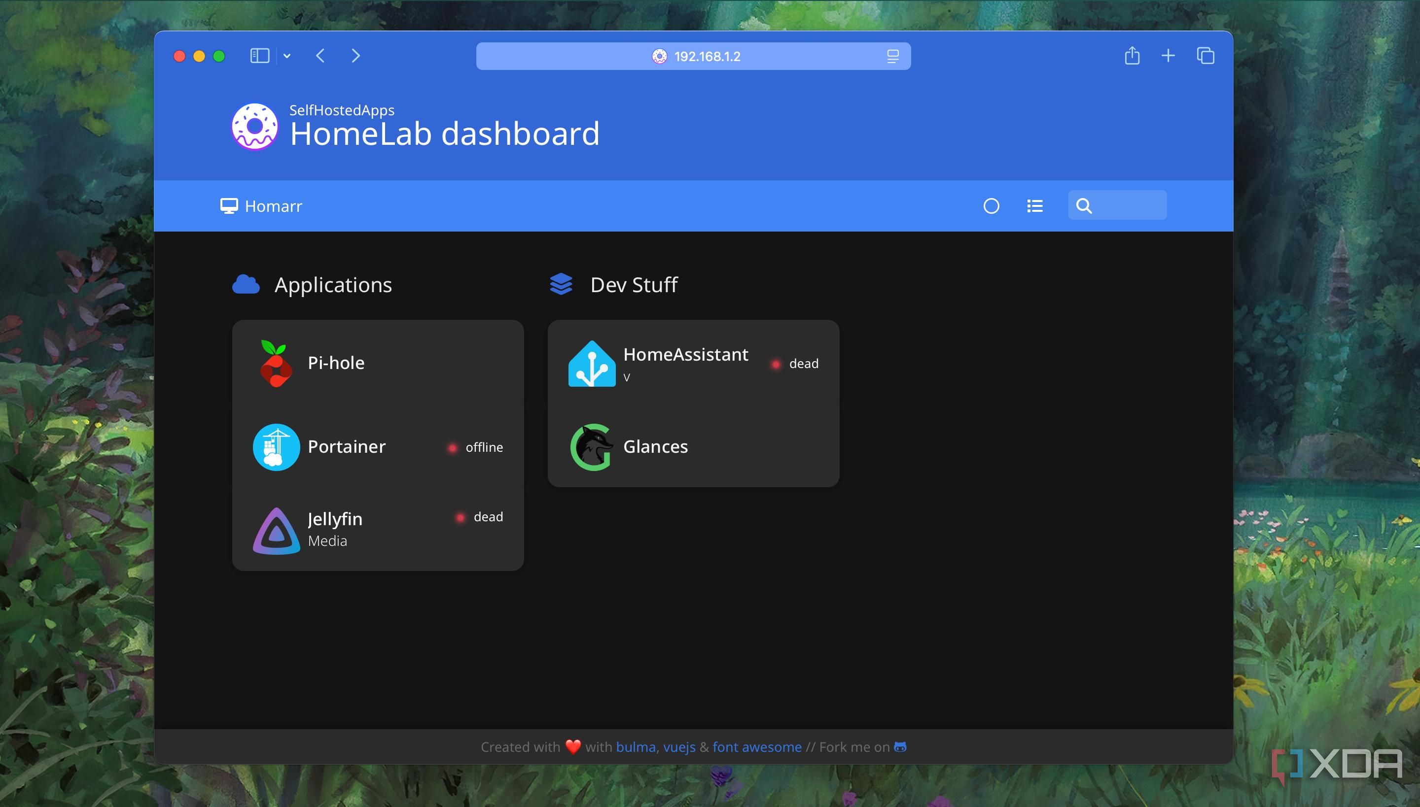 Screenshot of Homer Dashboard in Dark Mode