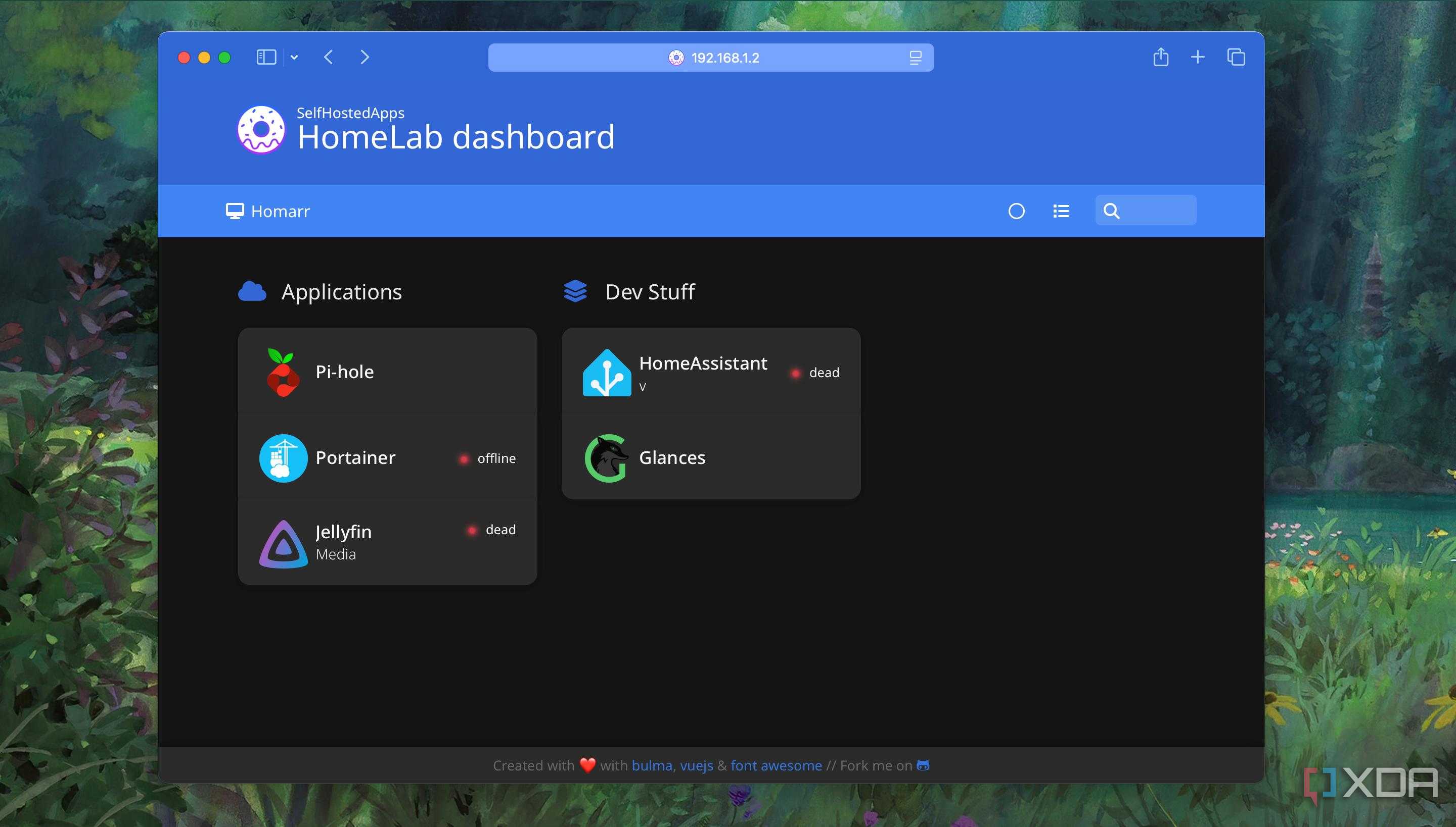 Screenshot of Homer Dashboard in Dark Mode