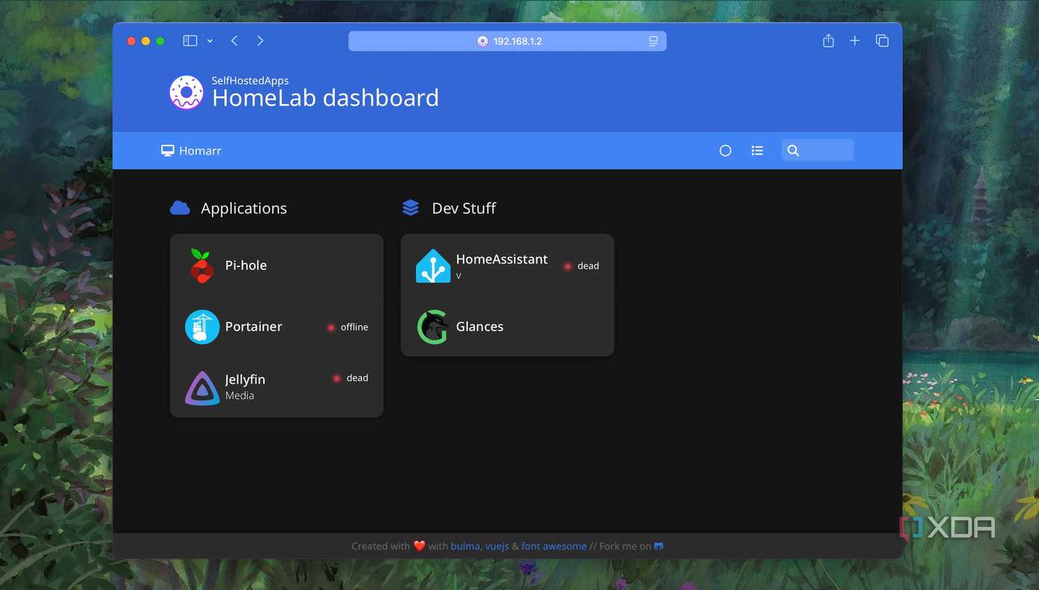 Screenshot of Homer Dashboard in Dark Mode