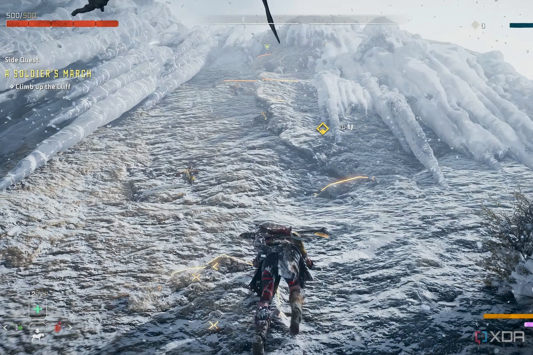 A screenshot from Horizon Forbidden West, showing Aloy climb up a snowy mountain with glowing yellow ledges.