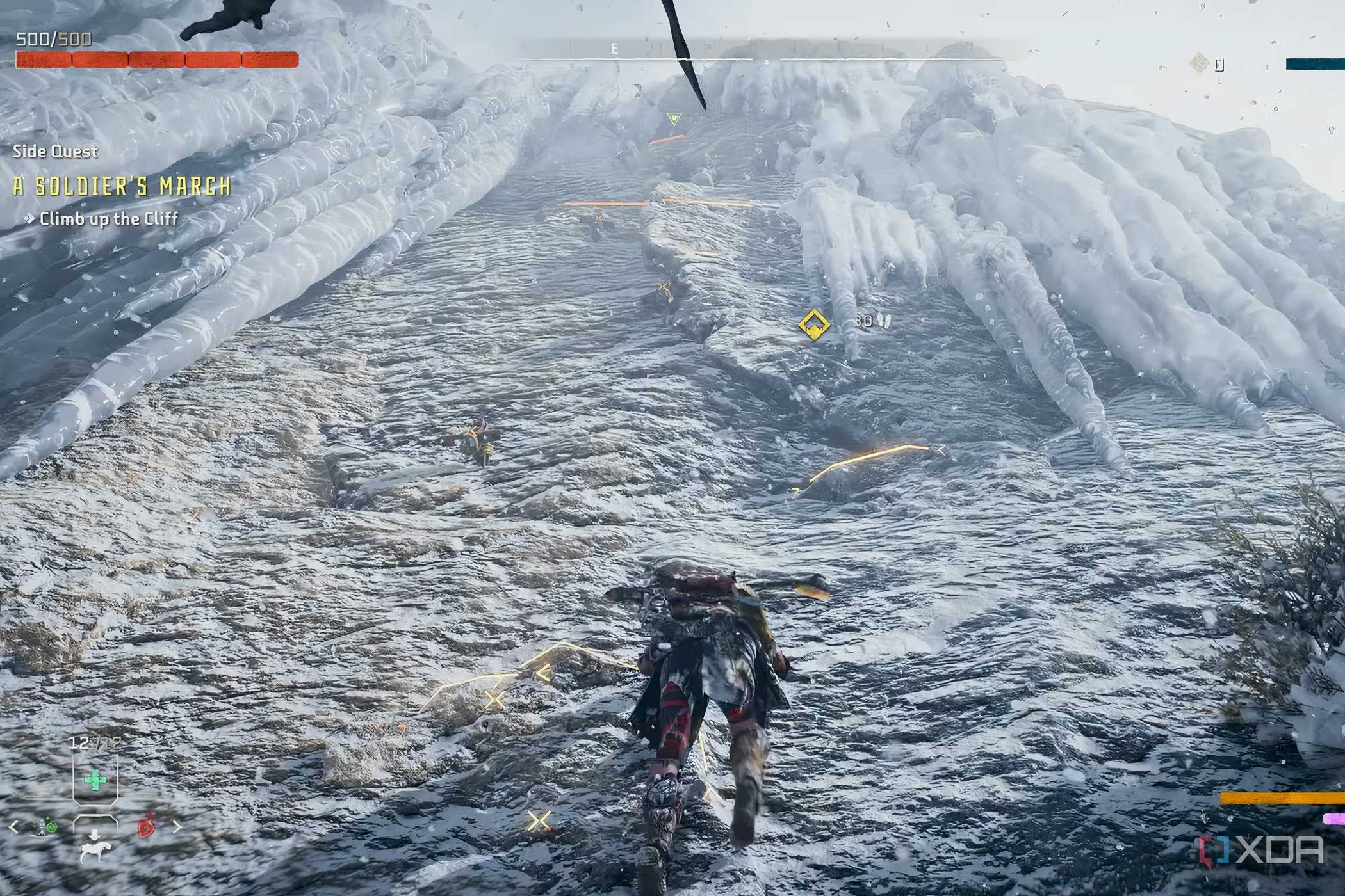 A screenshot from Horizon Forbidden West, showing Aloy climb up a snowy mountain with glowing yellow ledges.