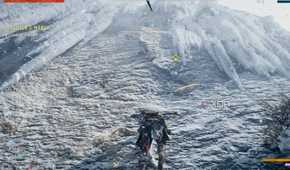 A screenshot from Horizon Forbidden West, showing Aloy climb up a snowy mountain with glowing yellow ledges.