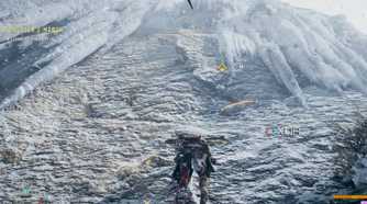 A screenshot from Horizon Forbidden West, showing Aloy climb up a snowy mountain with glowing yellow ledges.