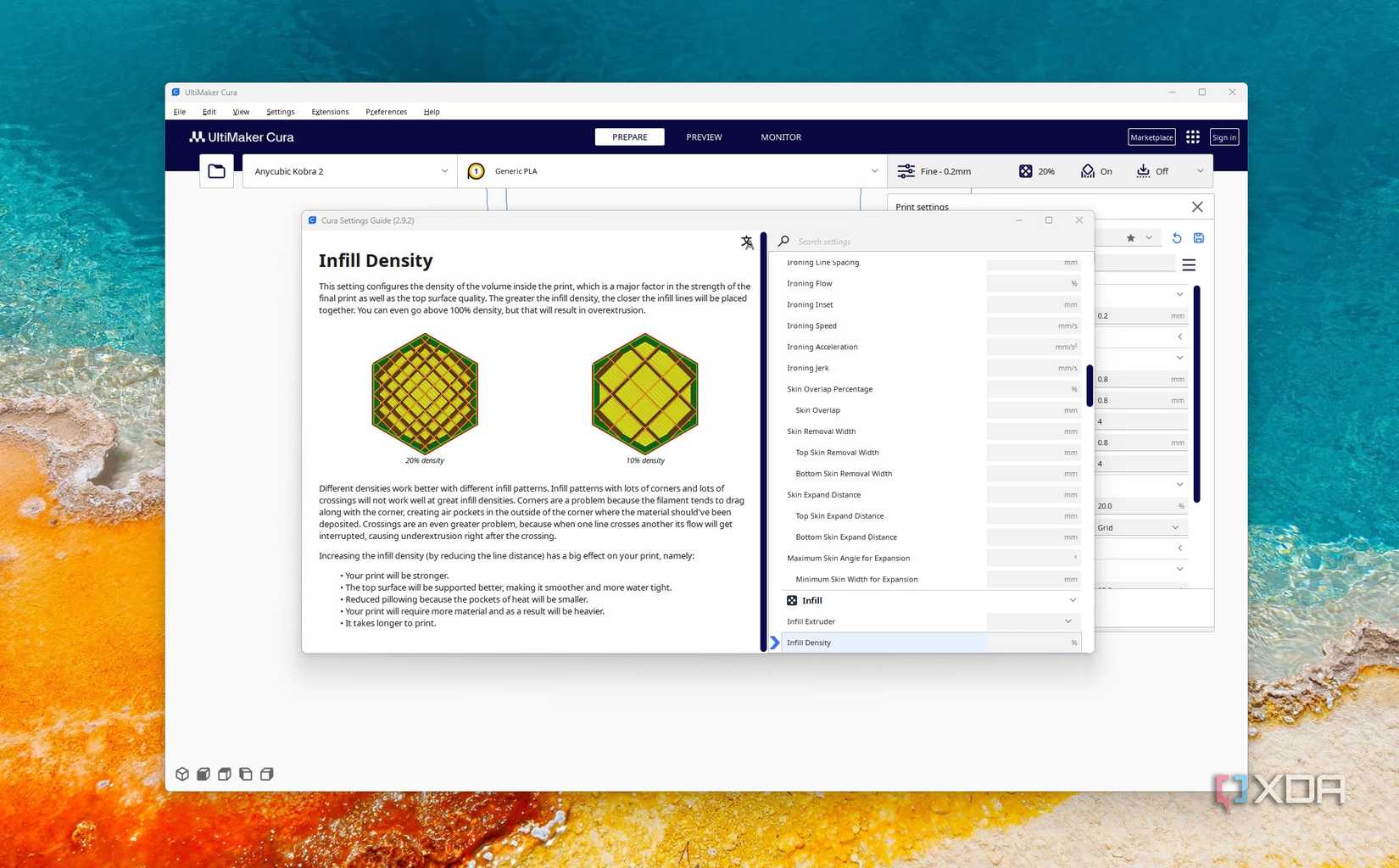 Opción de configuración de densidad de relleno en Cura