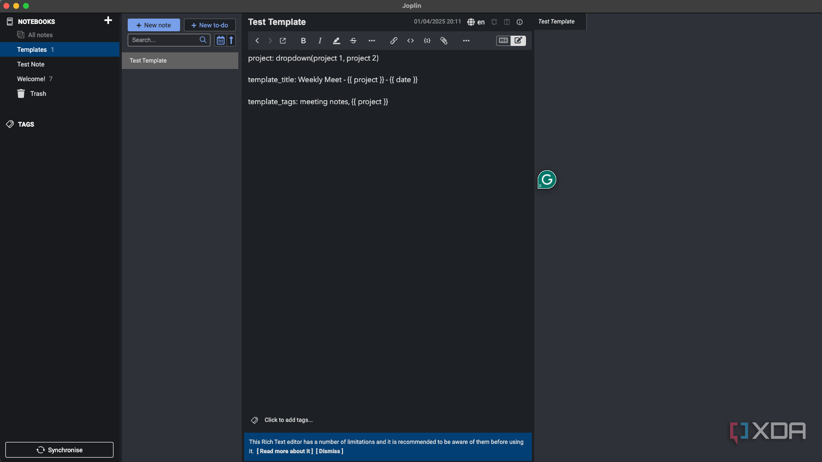 The Joplin Template plugin in action.