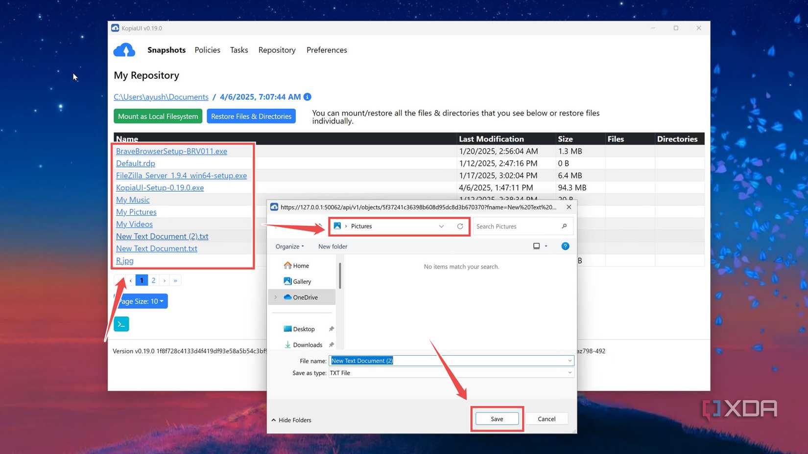 Recovering a file in Kopia