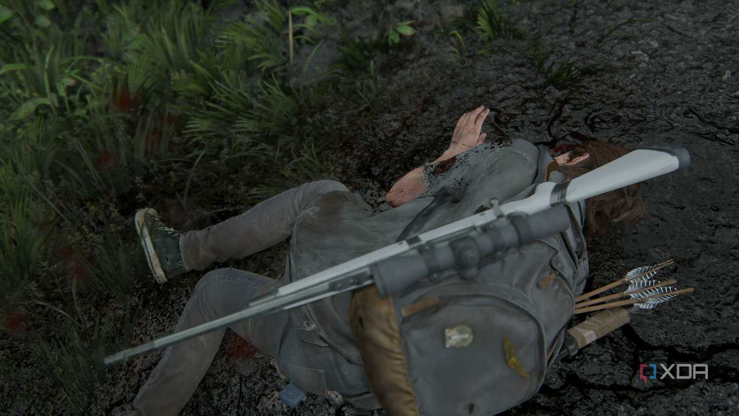 A screenshot from the game The Last of Us Part II, showing Ellie dead.