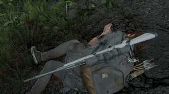 A screenshot from the game The Last of Us Part II, showing Ellie dead.