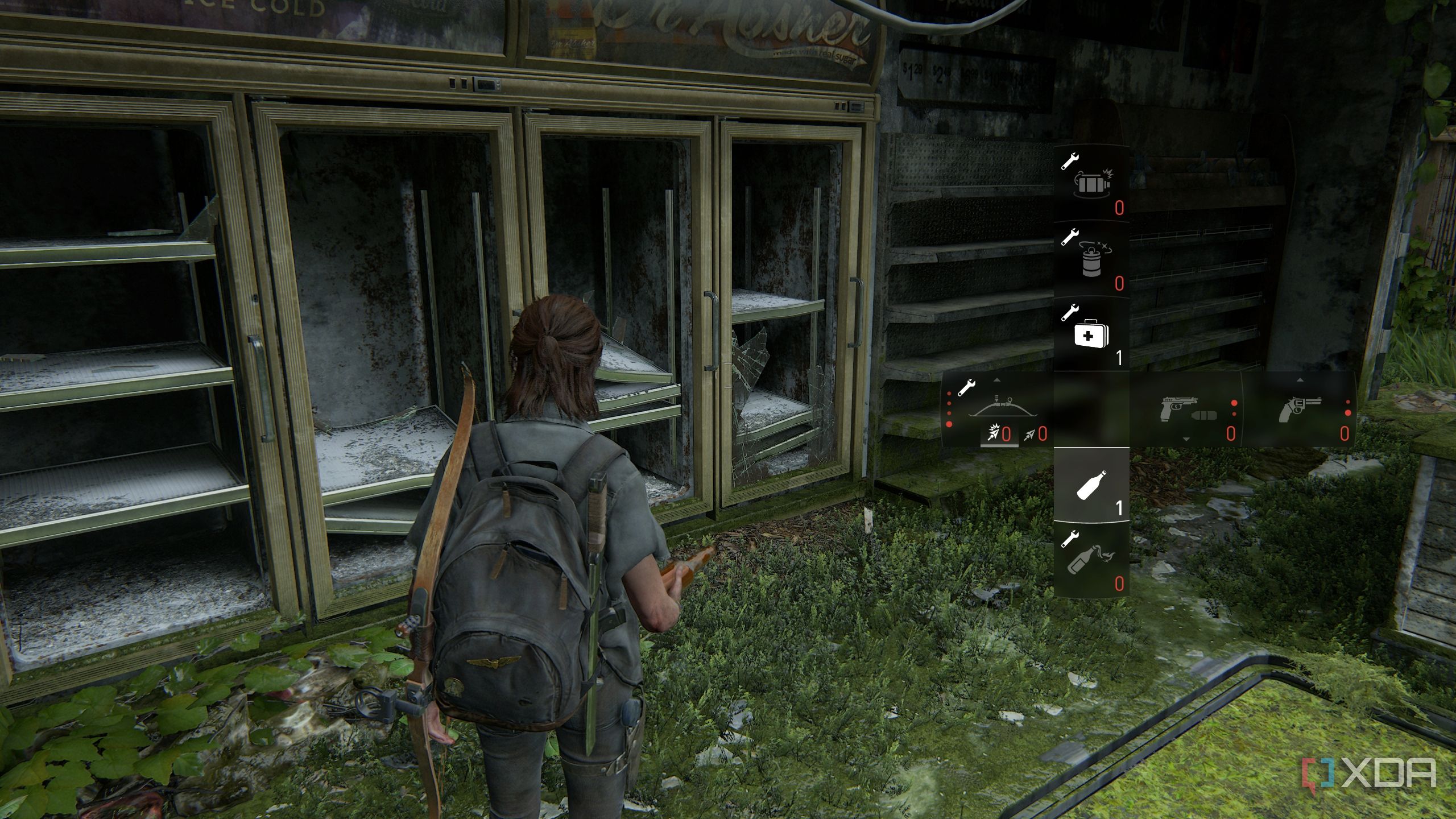 A screenshot from the game The Last of Us Part II, showing Ellie looking at empty shelves while her inventory runs low.