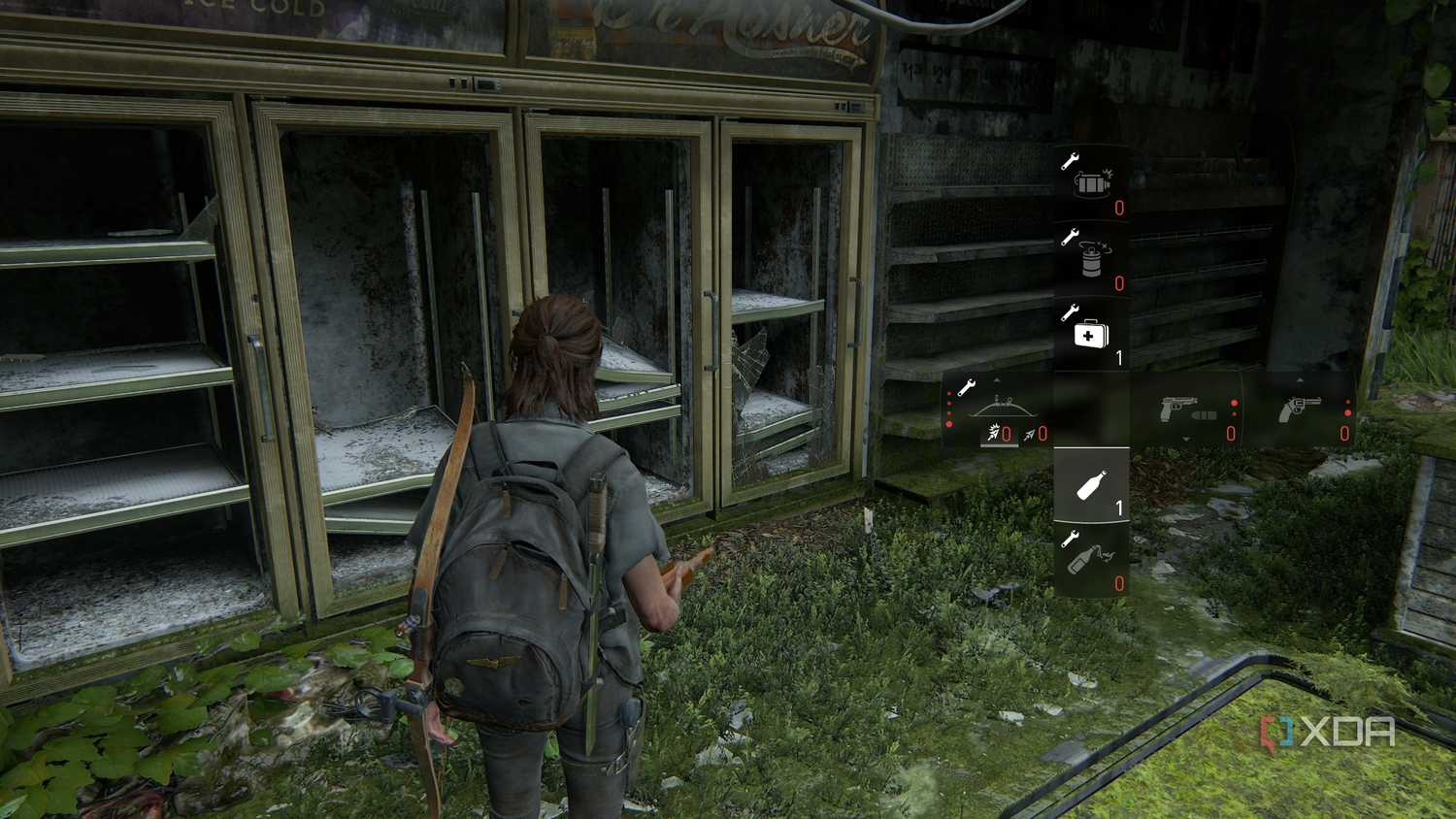 A screenshot from the game The Last of Us Part II, showing Ellie looking at empty shelves while her inventory runs low.