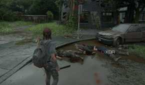 A screenshot from the game The Last of Us Part II, showing Ellie standing over three dead zombies.