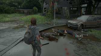 A screenshot from the game The Last of Us Part II, showing Ellie standing over three dead zombies.