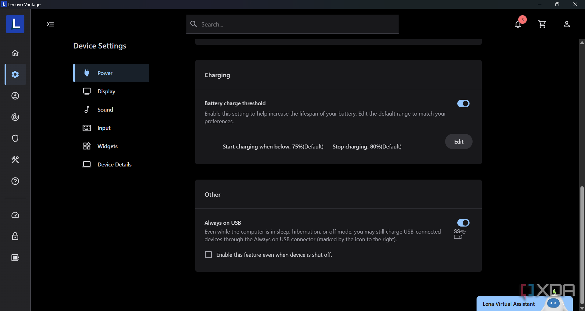 Screenshot of battery charge threshold in Lenovo Vantage