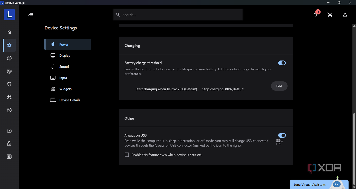 Screenshot of battery charge threshold in Lenovo Vantage