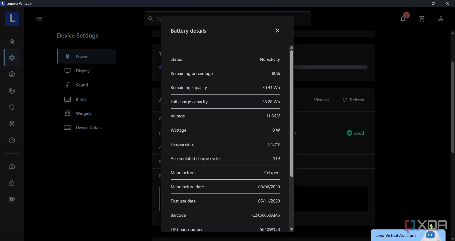 Screenshot of the laptop battery details in Lenovo Vantage