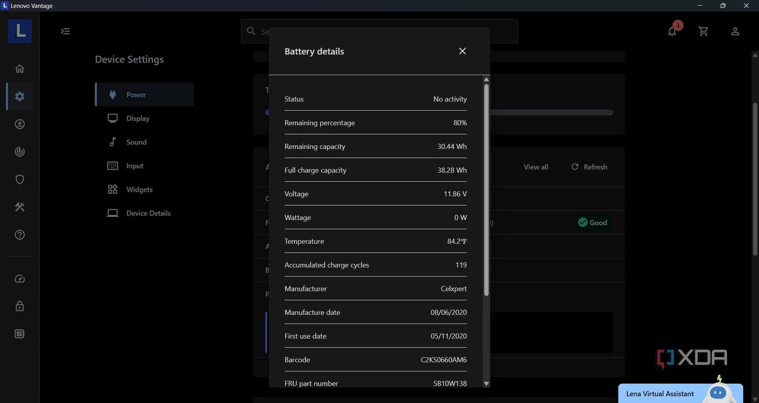 Screenshot of the laptop battery details in Lenovo Vantage
