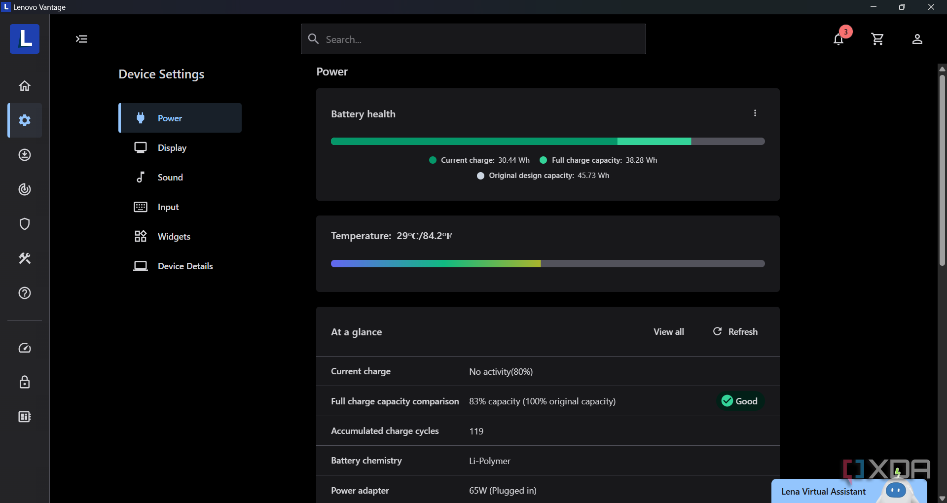 Screenshot of the battery health indication in Lenovo Vantage app