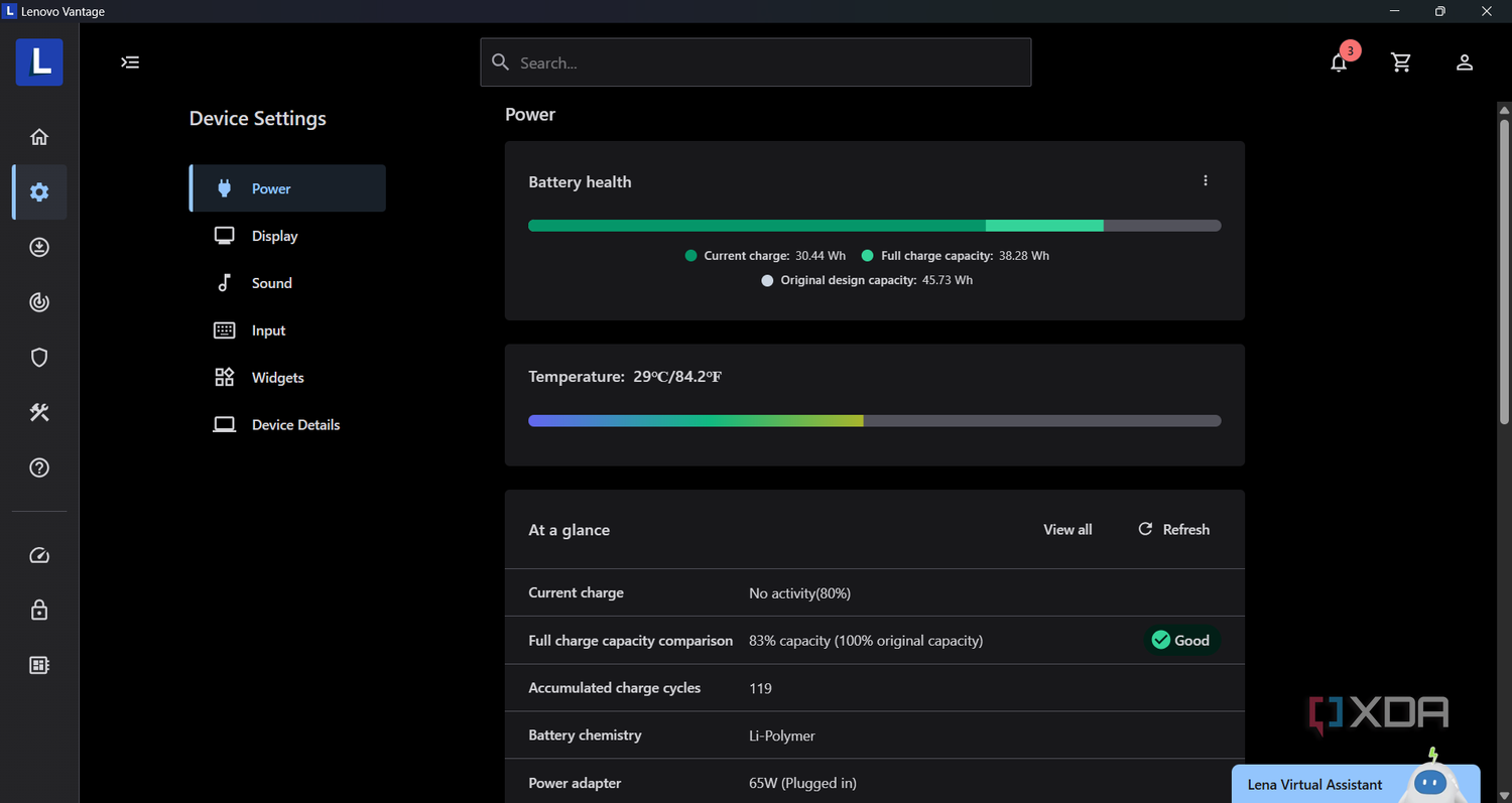 Screenshot of the battery health indication in Lenovo Vantage app