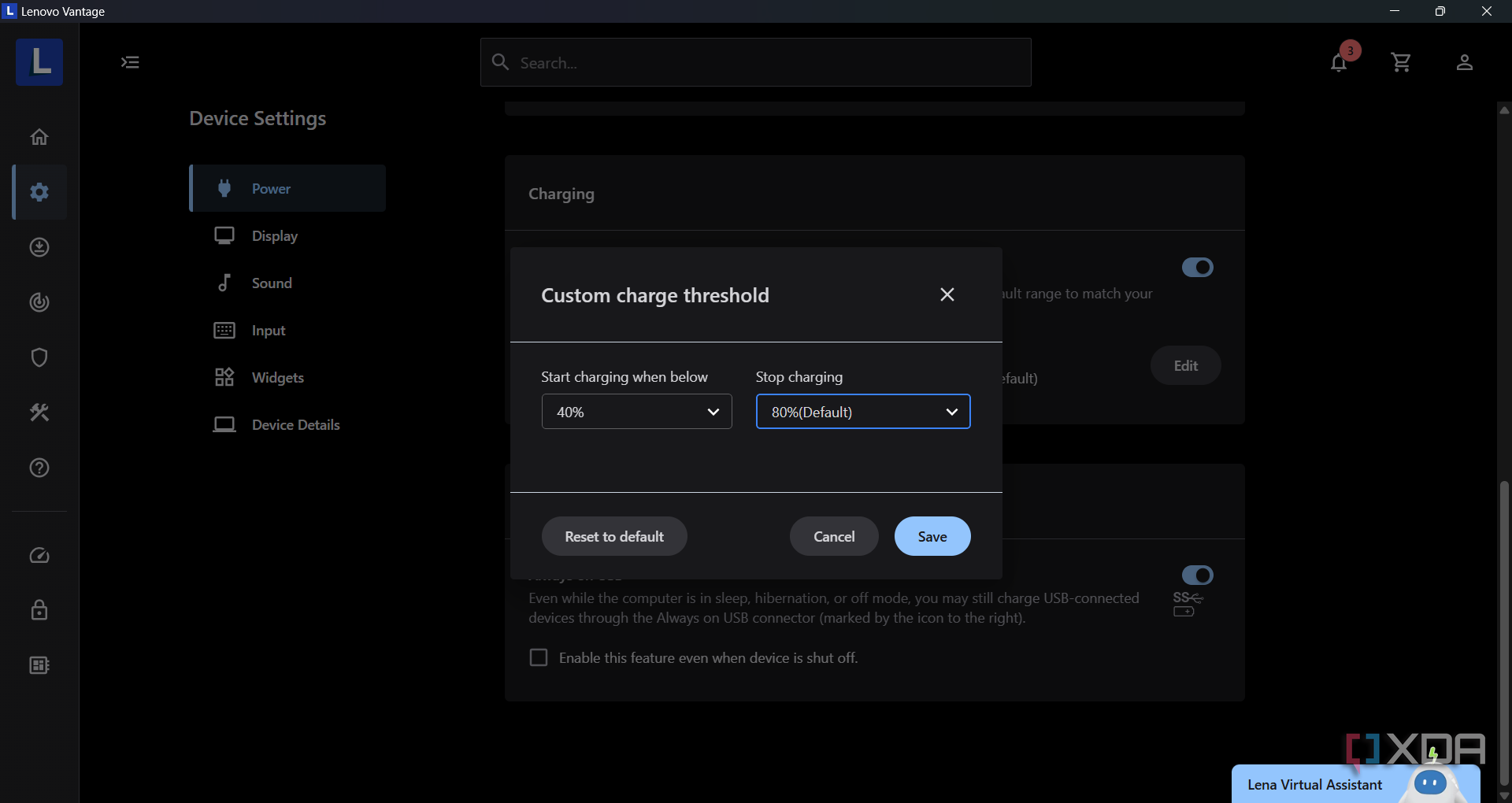 Setting up the custom charge threshold in the Lenovo Vantage app