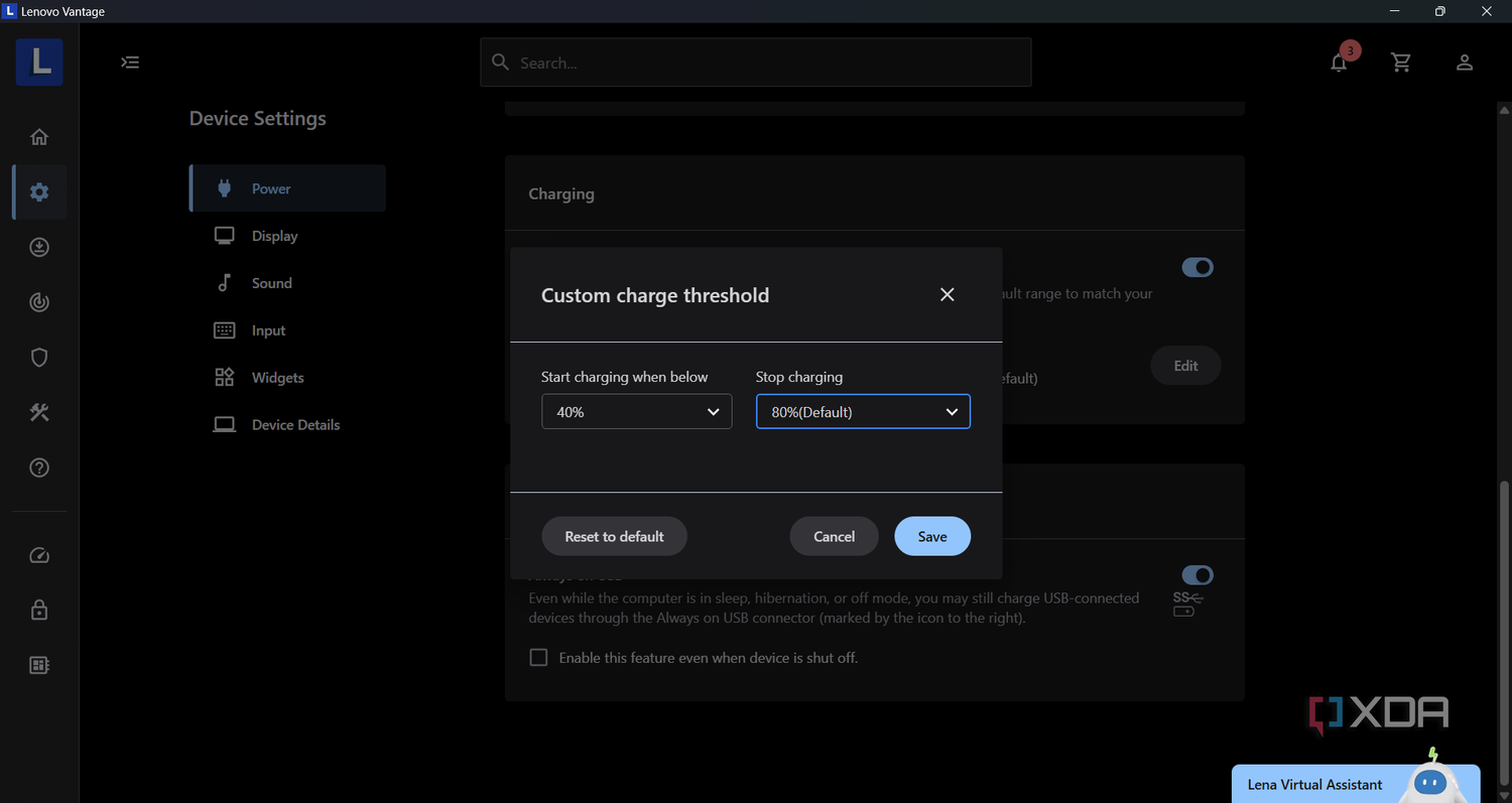 Setting up the custom charge threshold in the Lenovo Vantage app