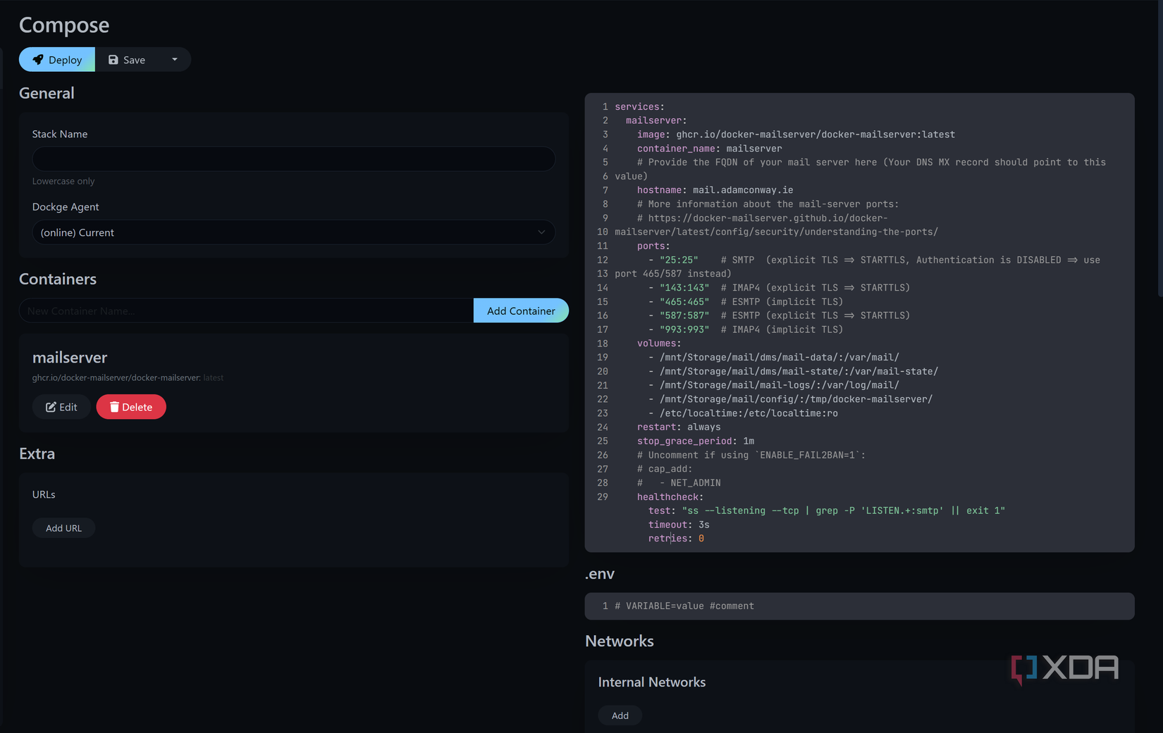 screenshot of docker mailserver being edited before deployment