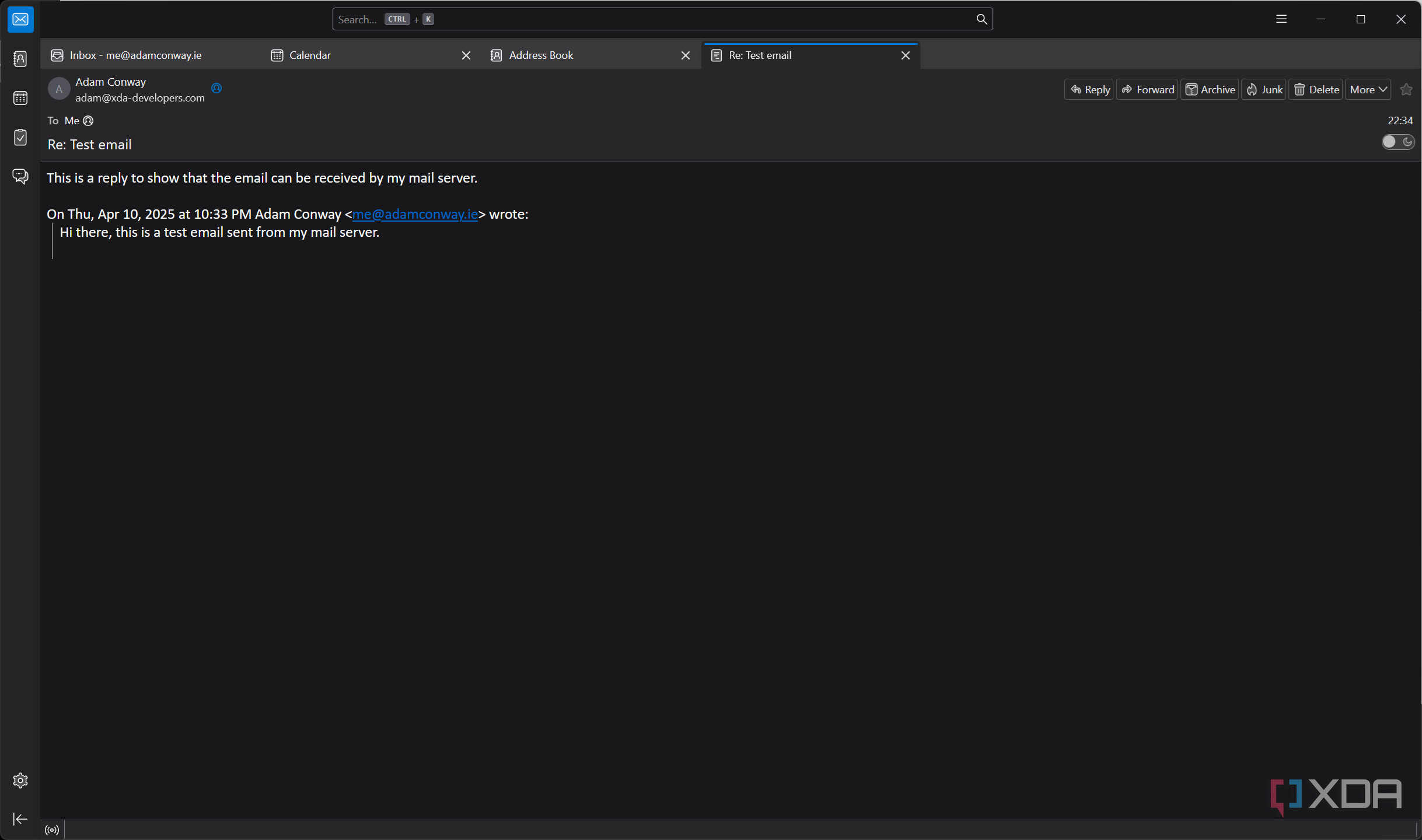 screenshot of test email recieved by email server