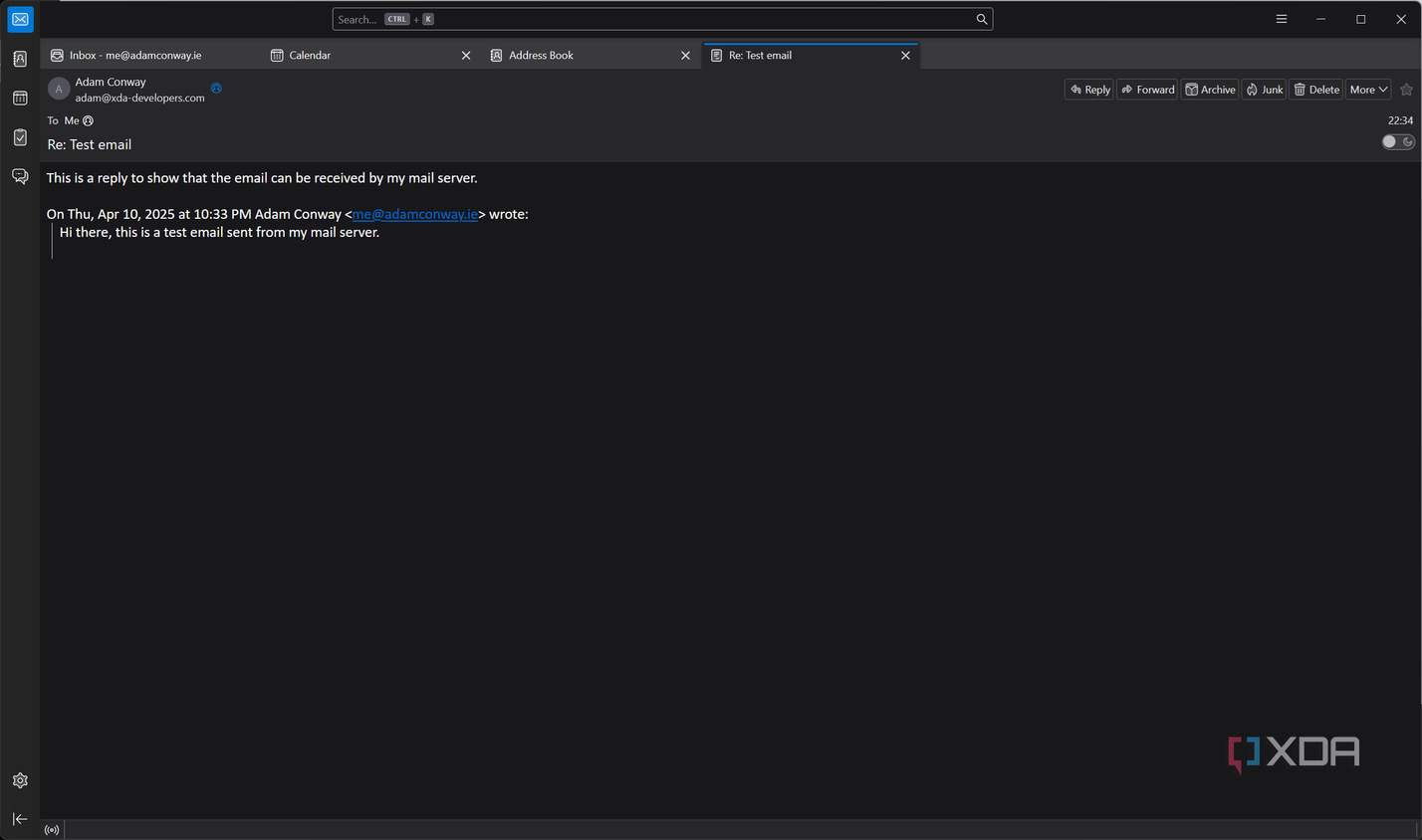 screenshot of test email recieved by email server