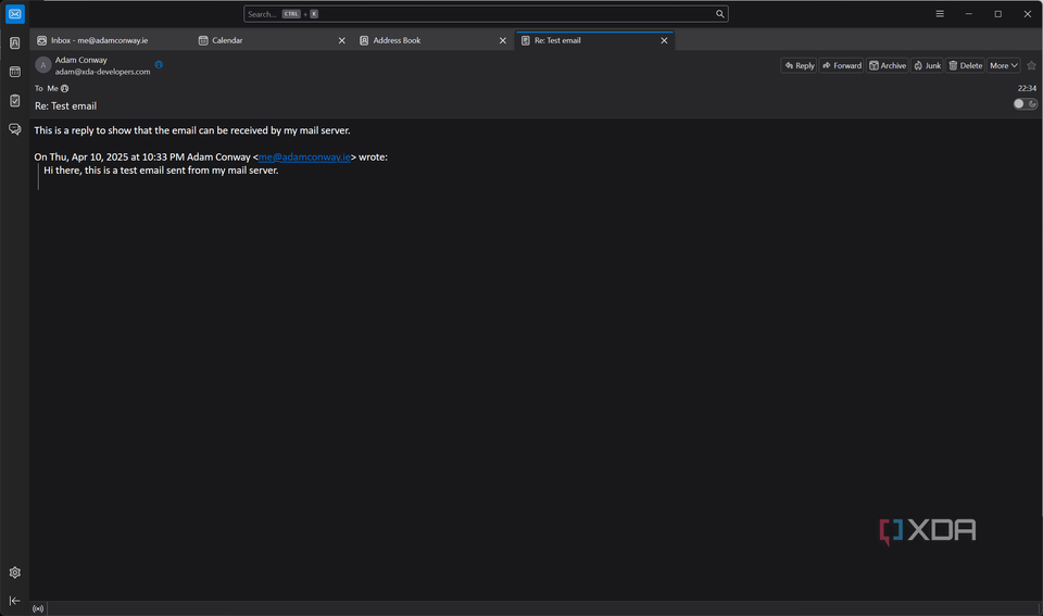 screenshot of test email recieved by email server