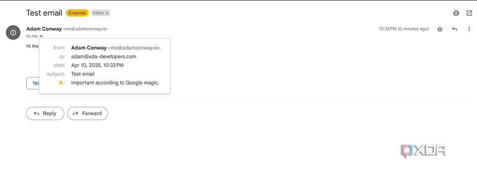 screenshot of test email received from mail server