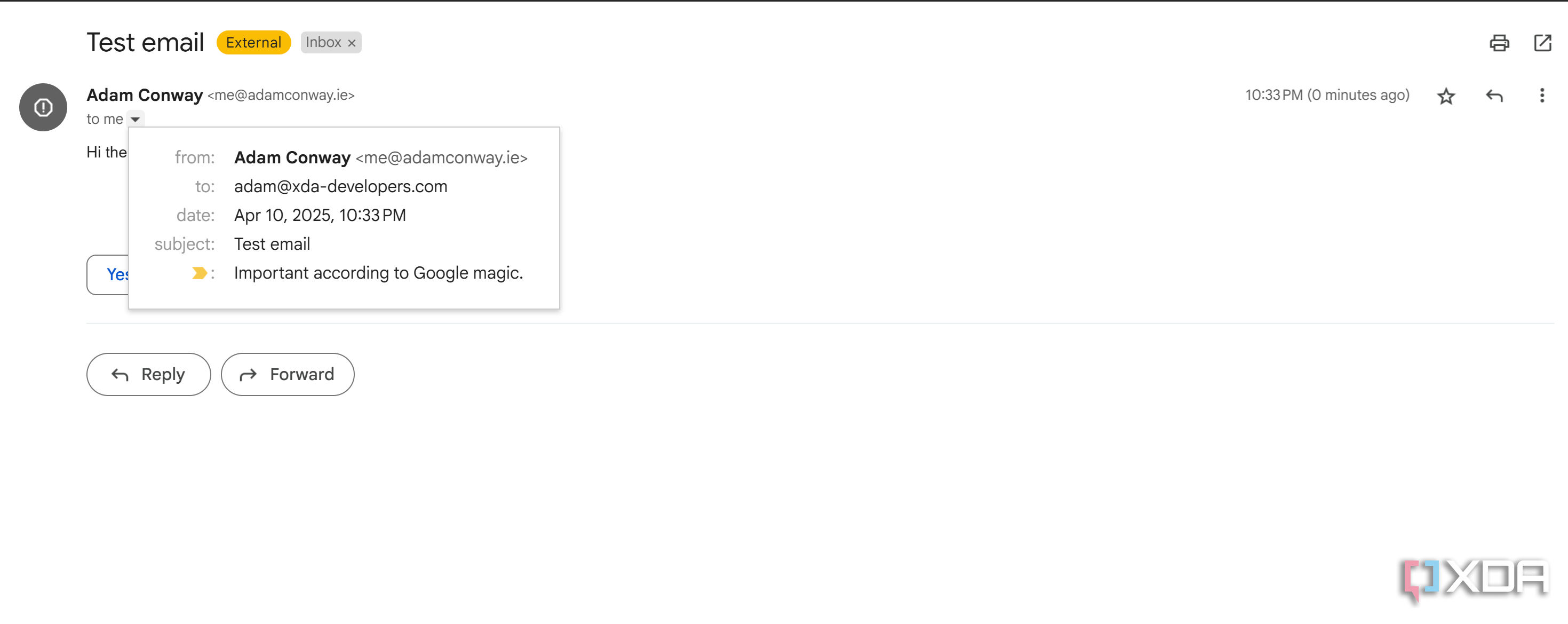 screenshot of test email received from mail server