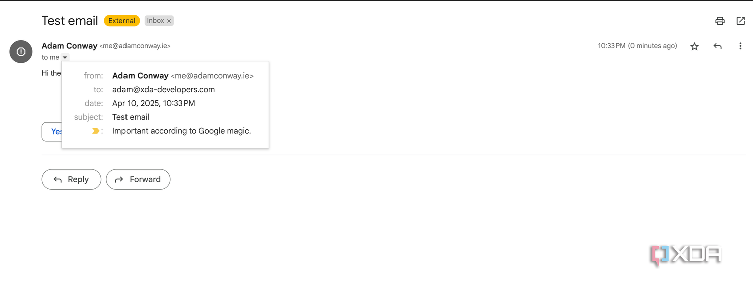 screenshot of test email received from mail server