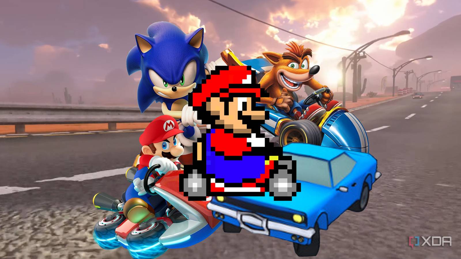 Mario Kart World track with Sonic, Mario, Crash, and Flex Riders