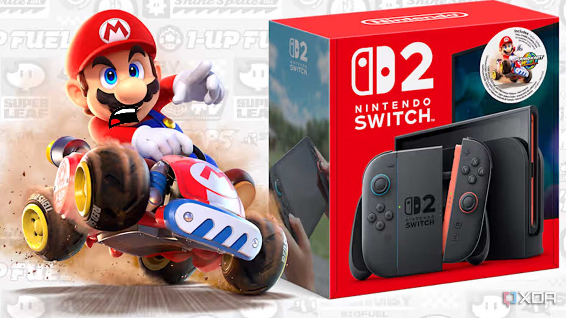 Mario Kart World and a nintendo Switch 2 console as it appears on Nintendo's website.