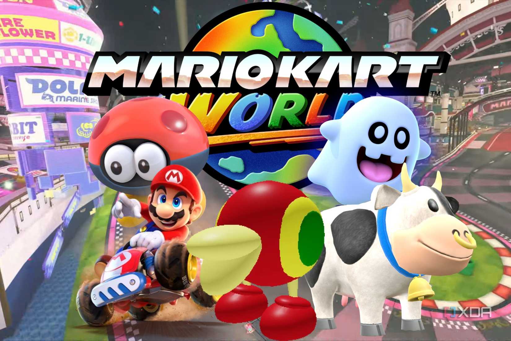 Mario Kart World logo with obscure characters