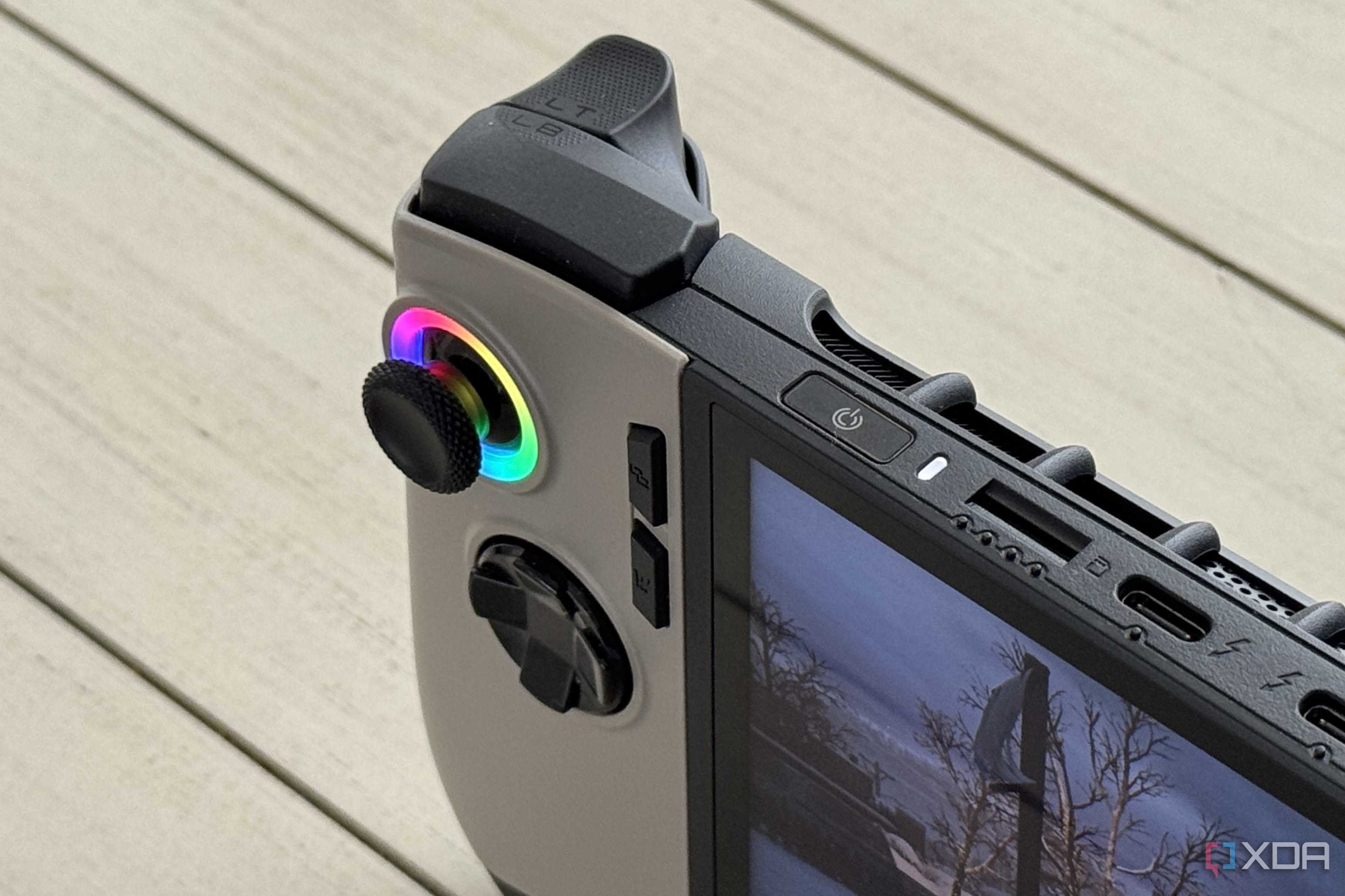 msi claw 8 ai plus closeup of left trigger and power button