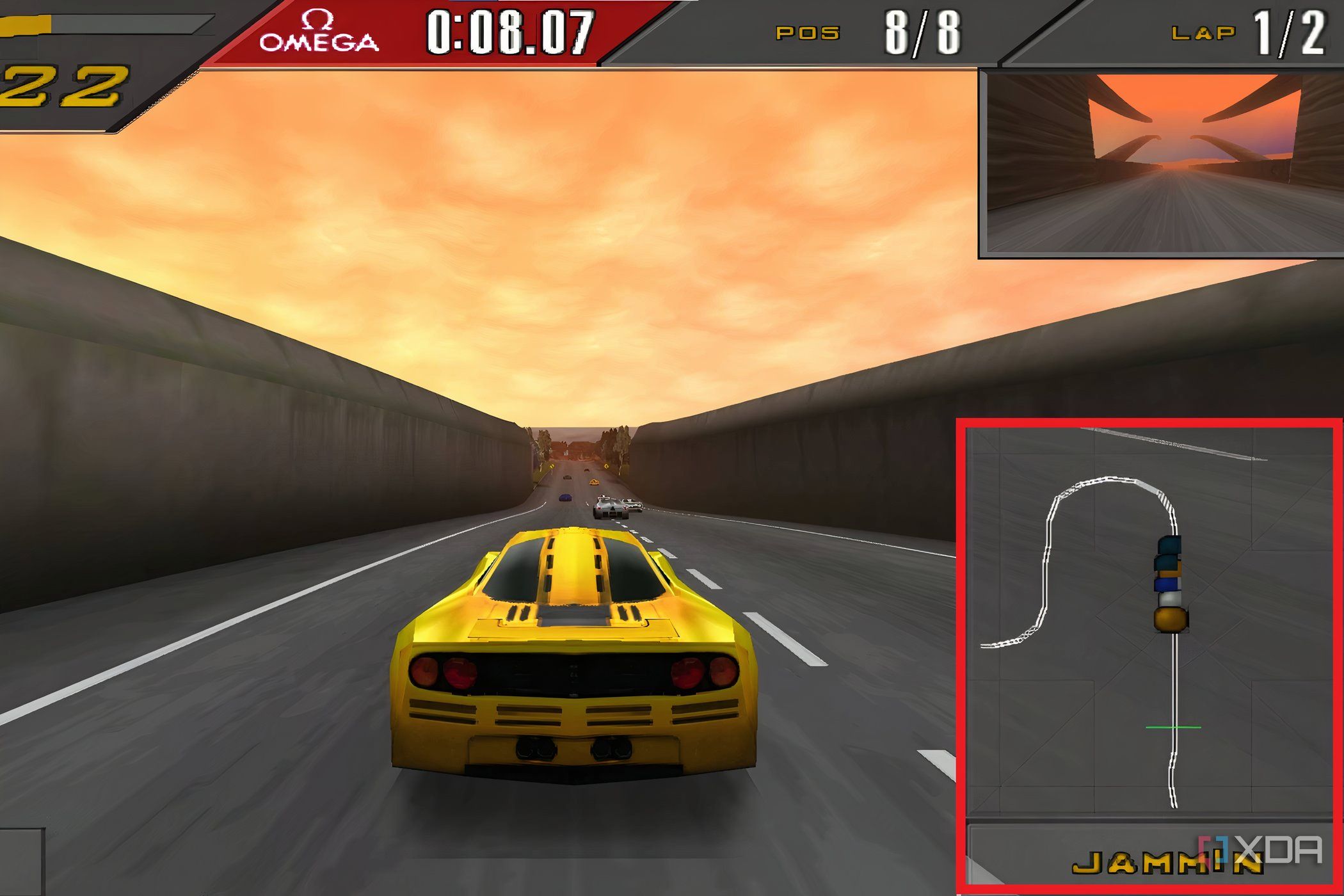 A screenshot from Need for Speed II Se, showing the game's mini-map highlighted on the bottom-right.
