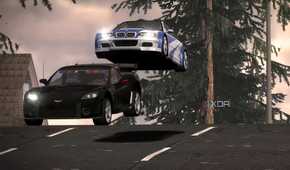 A screenshot from Need for Speed: Most Wanted 2005, showing a white and blue BMW jumping over a black Corvette.