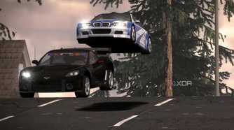 A screenshot from Need for Speed: Most Wanted 2005, showing a white and blue BMW jumping over a black Corvette.