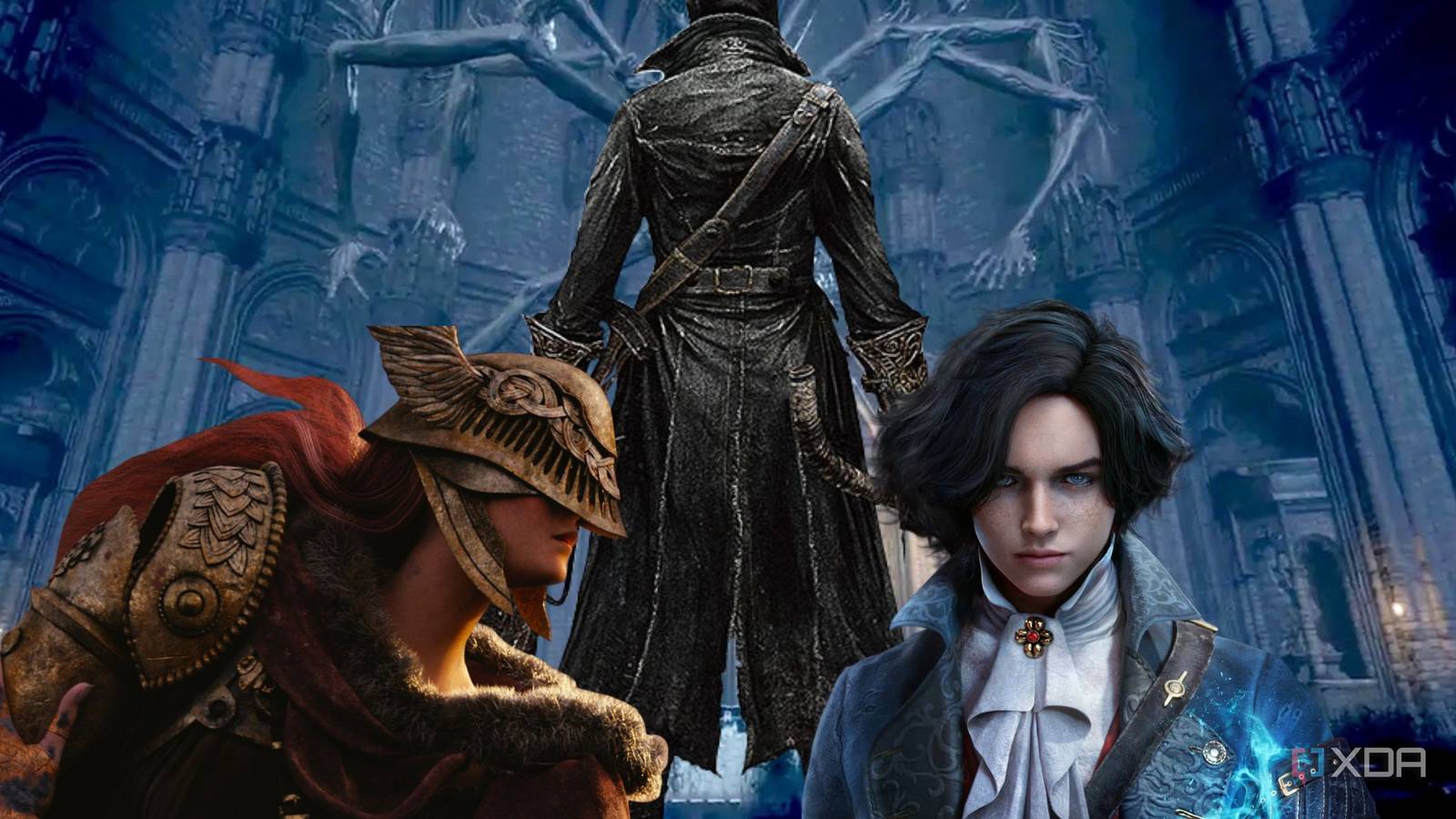 Bloodborne Hunter, Pinocchio, and Melania in cathedral