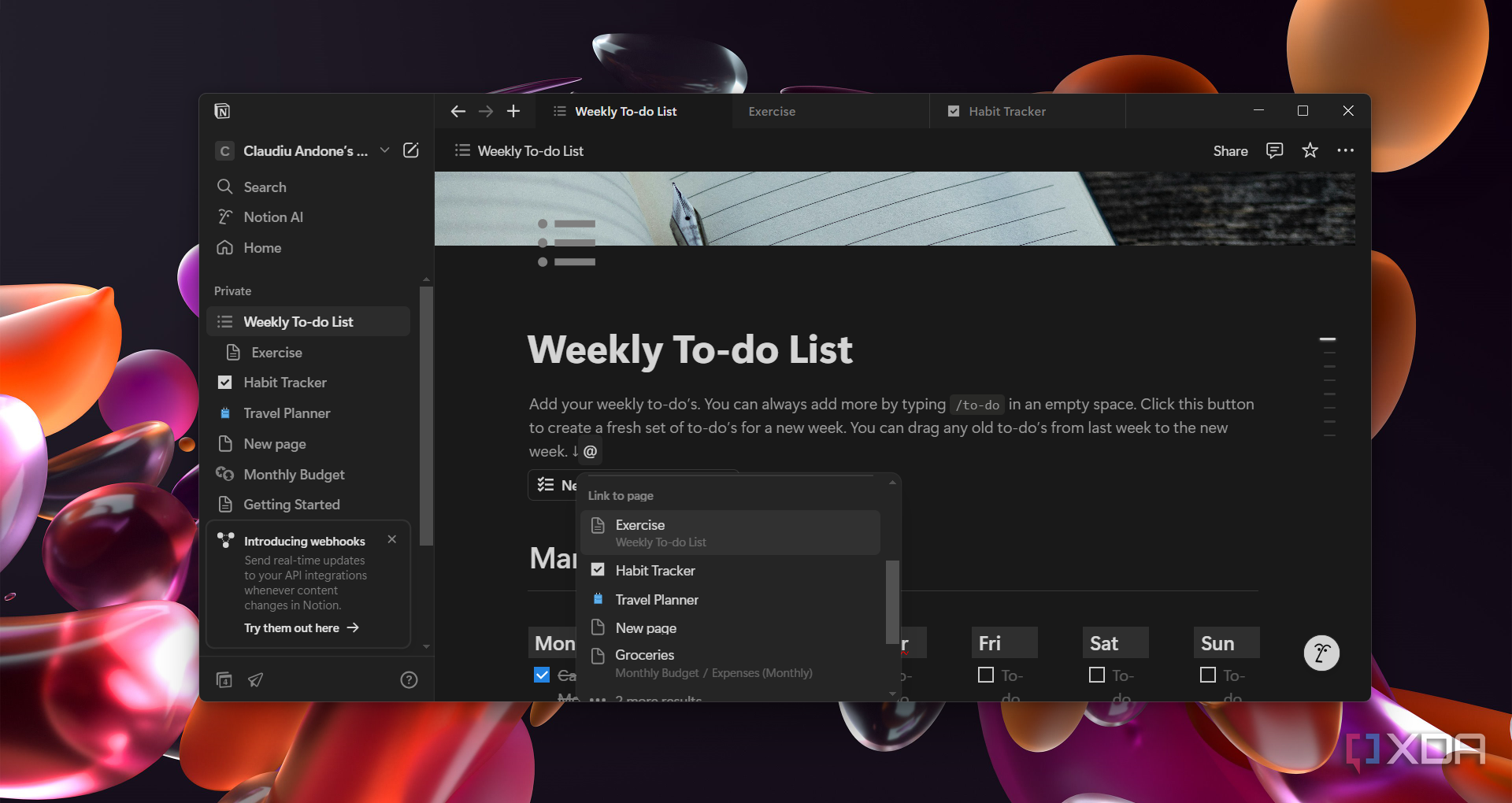 Screenshot of drop-down link to page option in Notion