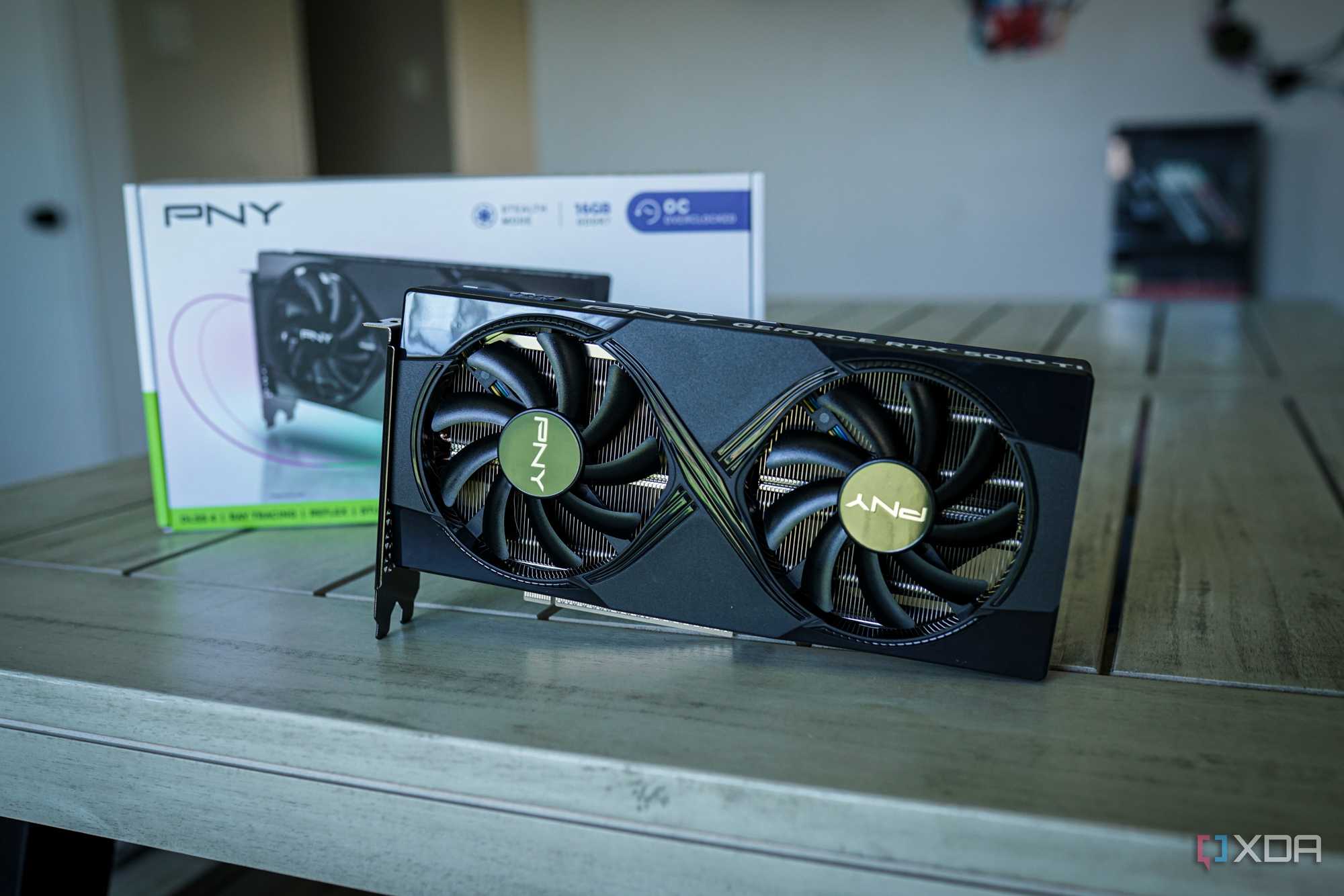 An image of the Nvidia RTX 5060 Ti GPU with its box in the background.