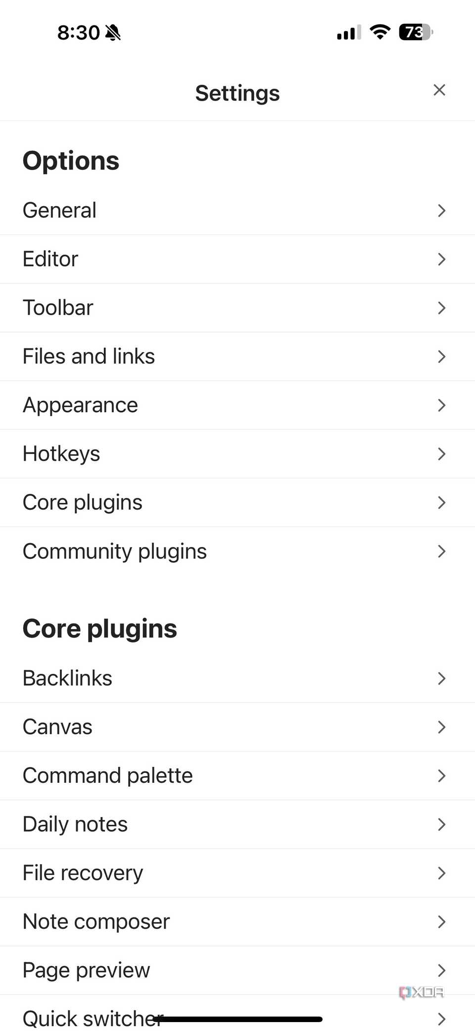 Obsidian iPhone app settings