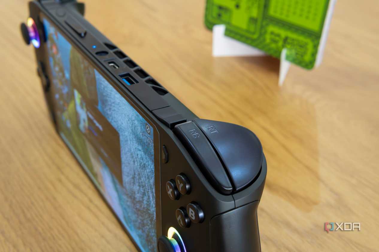 Angled close-up view of the top of the OneXFly F1 Pro, focusing on the right shoulder buttons